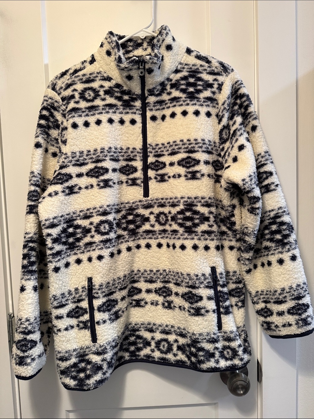 Vintage Threads Womens Navy & White Patterned Zip-Up Sherpa Pullover